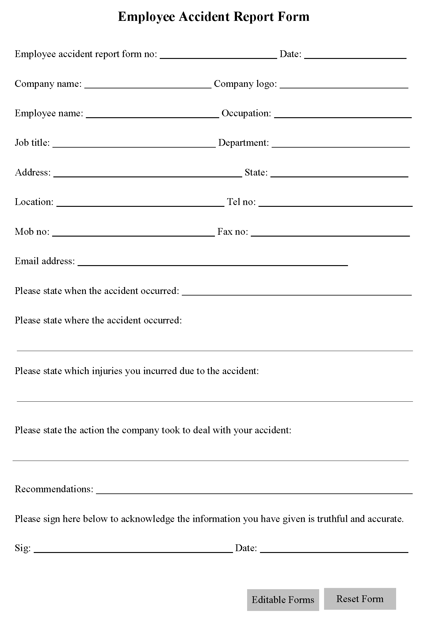 Employee Accident Report Form Editable Forms