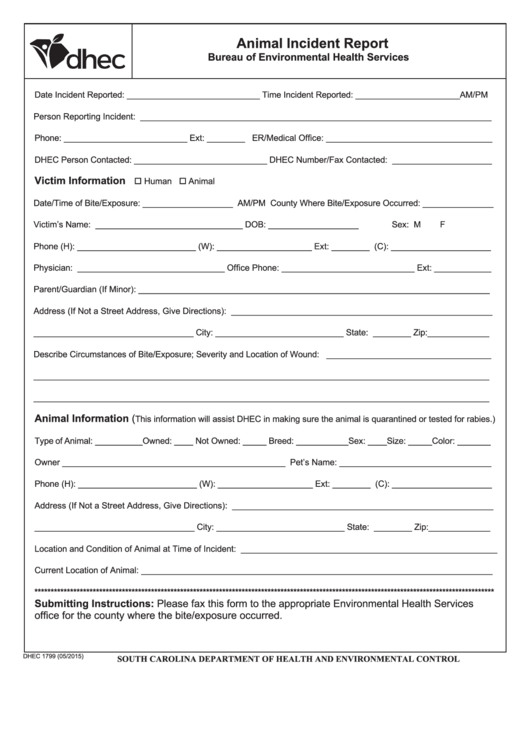 Fillable Animal Incident Report Bureau Of Environmental Health Services