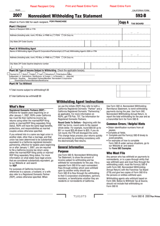 Fillable California Form 592 B Nonresident Withholding Tax Statement 
