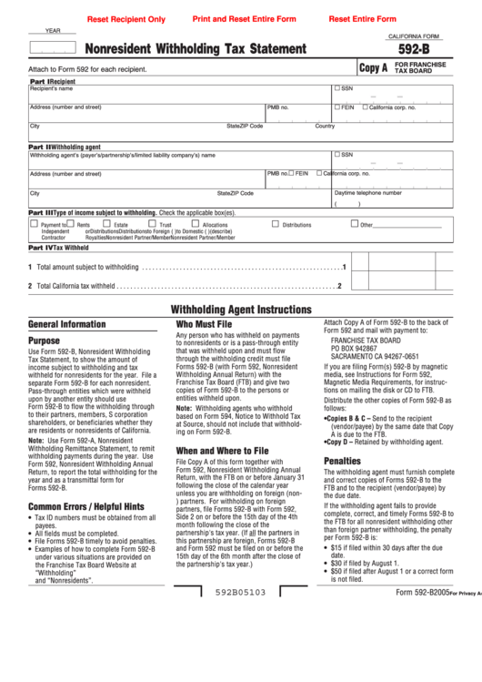 Fillable Form 592 B Nonresident Withholding Tax Statement 2005 