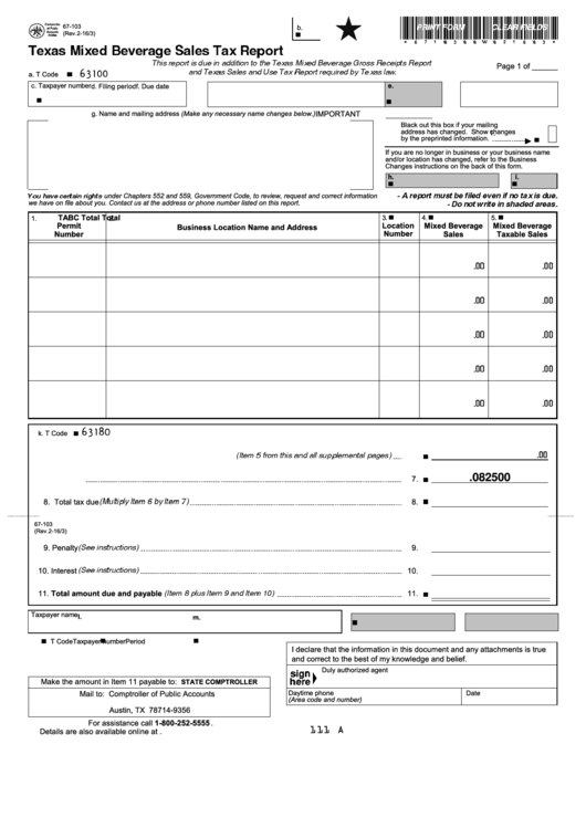 Fillable Form 67 103 Texas Mixed Beverage Sales Tax Report Printable