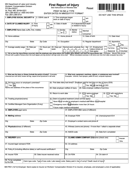 Fillable Form Mn Fr01 First Report Of Injury Printable Pdf Download