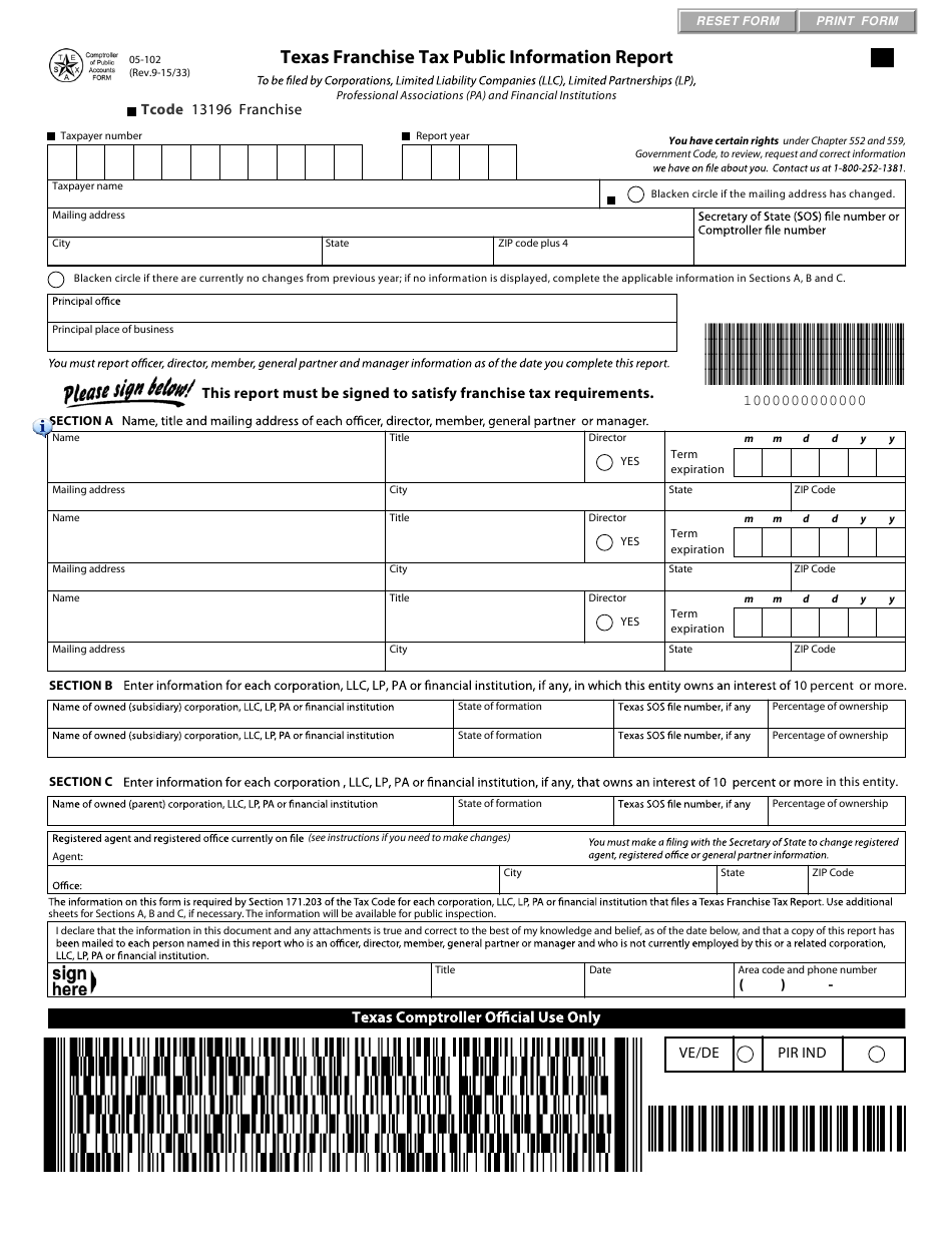Form 05 102 Download Fillable PDF Or Fill Online Texas Franchise Tax
