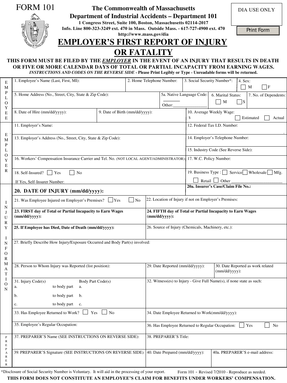 Form 101 Download Fillable PDF Or Fill Online Employer s First Report