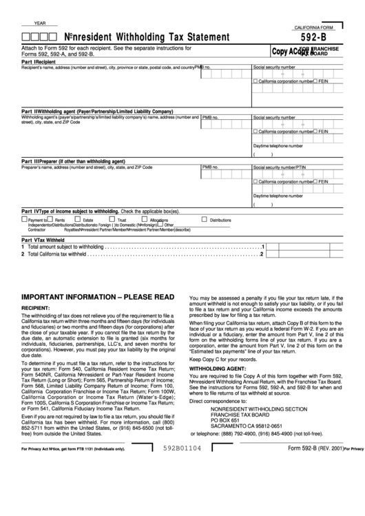 Form 592 B Nonresident Withholding Tax Statement 2001 Printable Pdf 