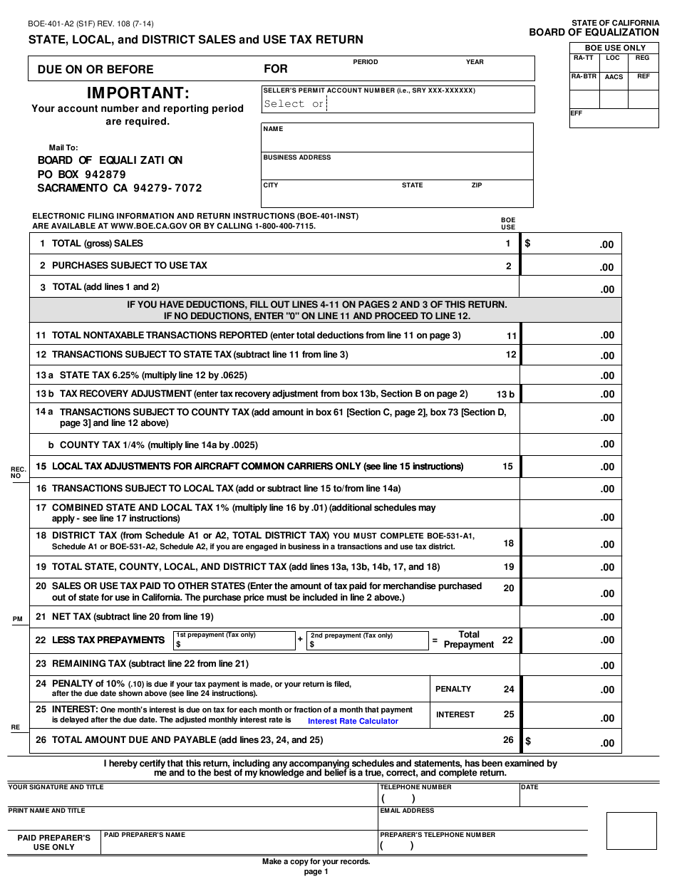 Form BOE 401 A2 S1F Download Fillable PDF Or Fill Online State Local