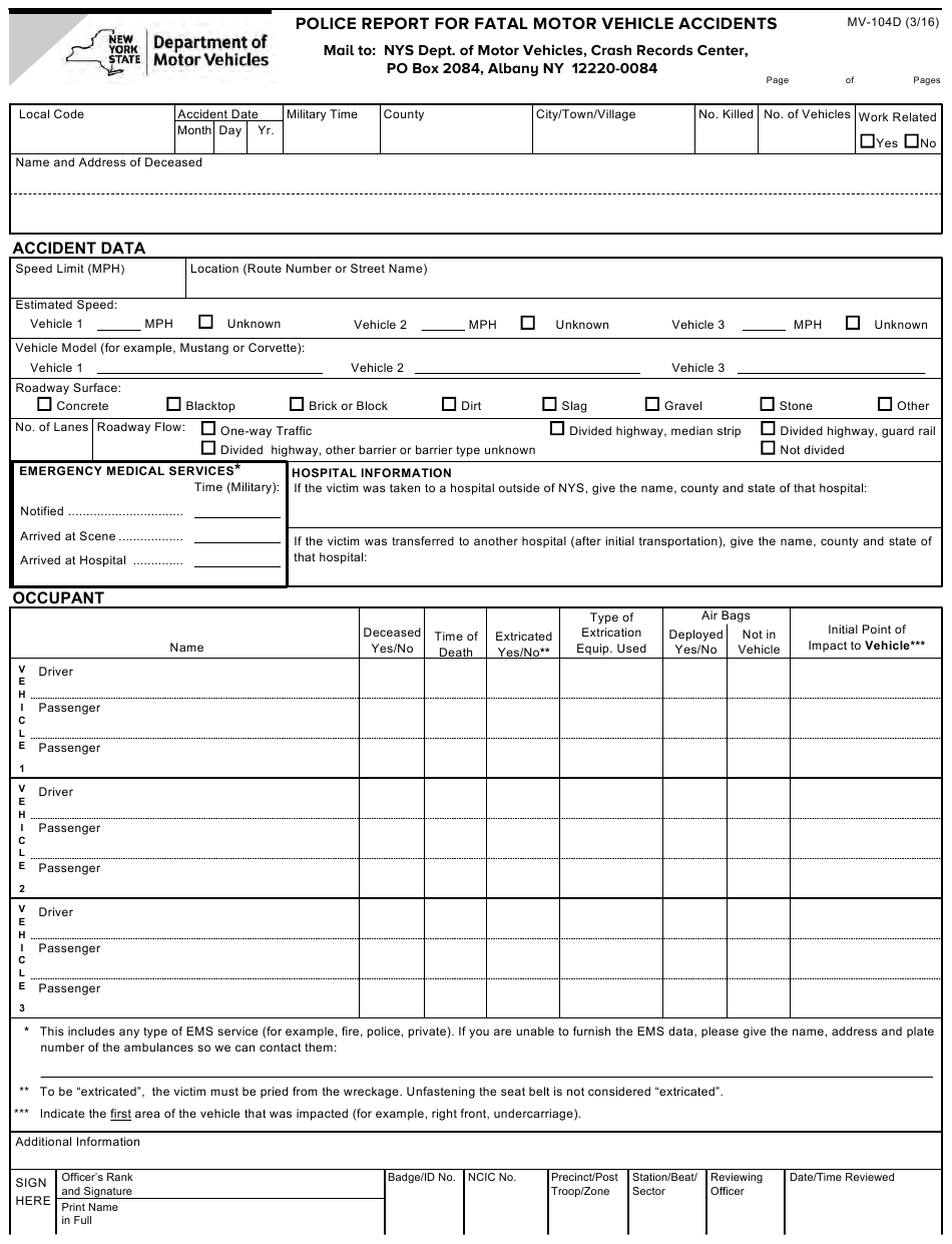 Form MV 104D Download Fillable PDF Or Fill Online Police Report For