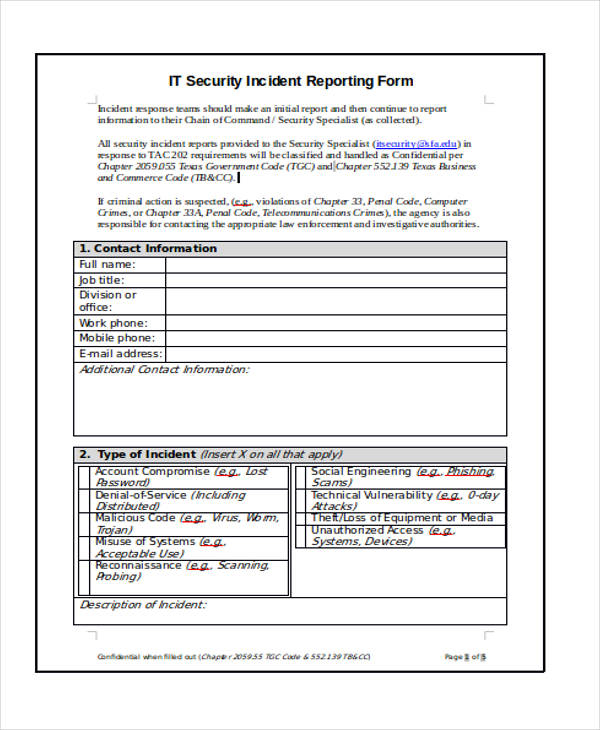FREE 41 Sample Incident Report Forms In PDF Pages Excel MS Word