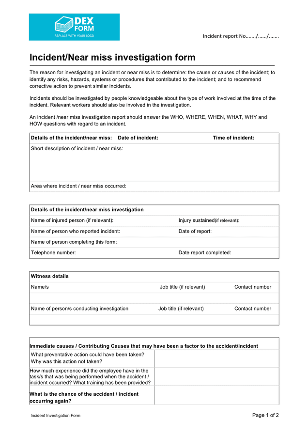 Incident near Miss Investigation Form Template In Word And Pdf Formats