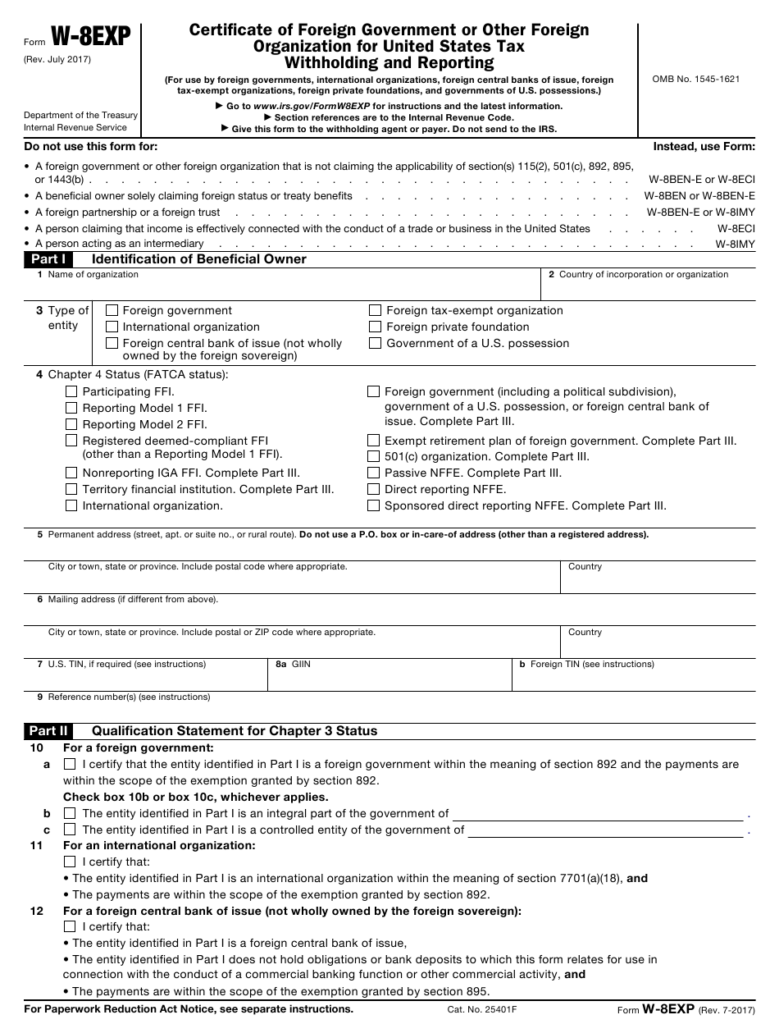 IRS Form W 8EXP Download Fillable PDF Or Fill Online Certificate Of 