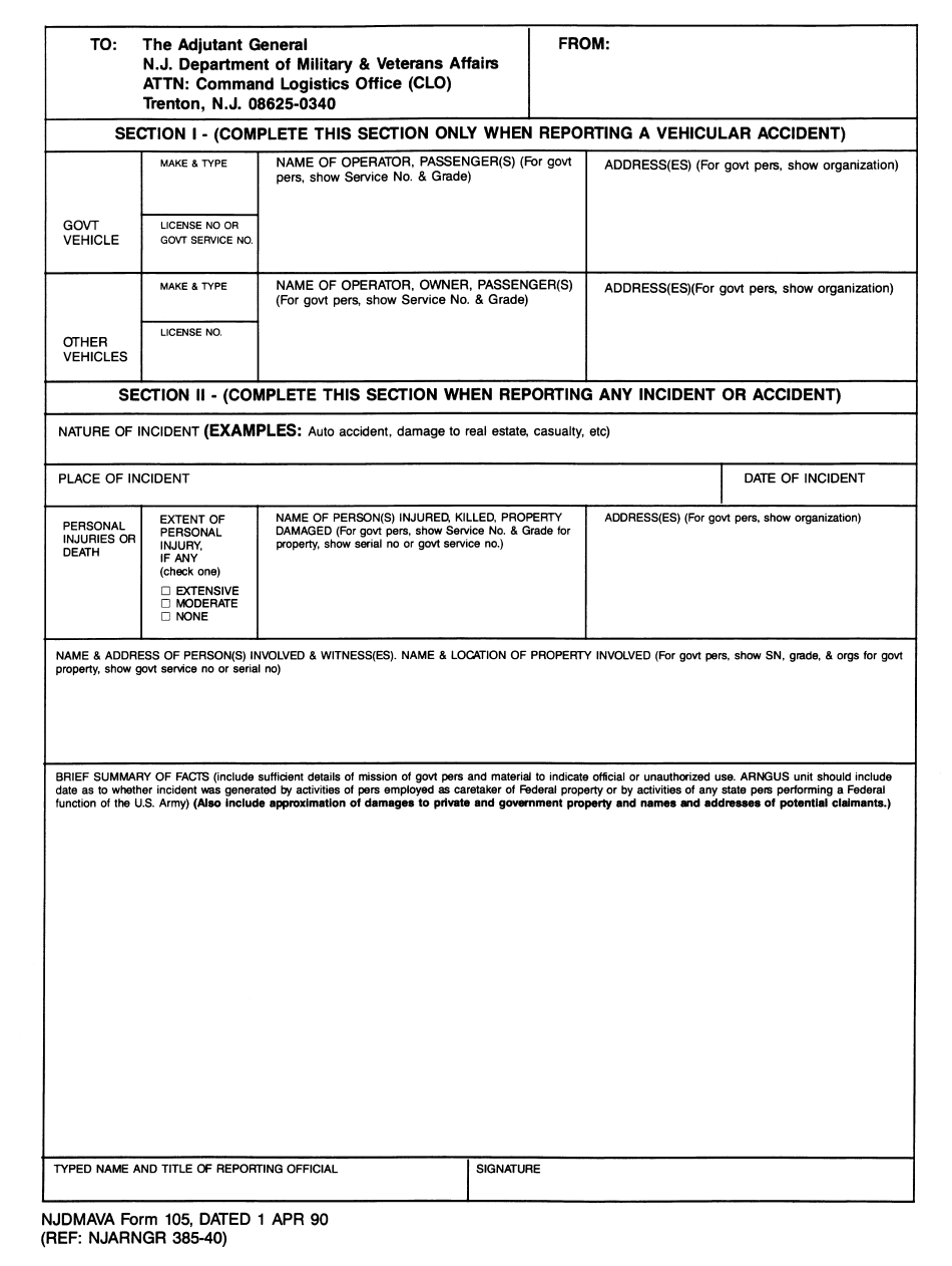 NJDMAVA Form 105 Download Fillable PDF Or Fill Online Accident Report 