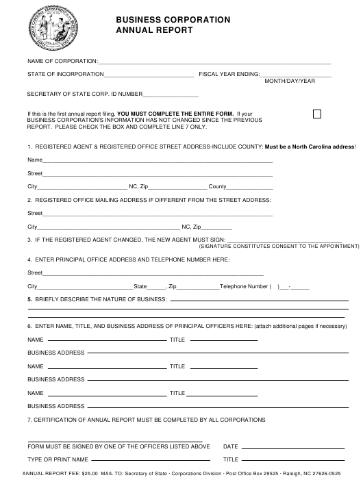 North Carolina Business Corporation Annual Report Form Download