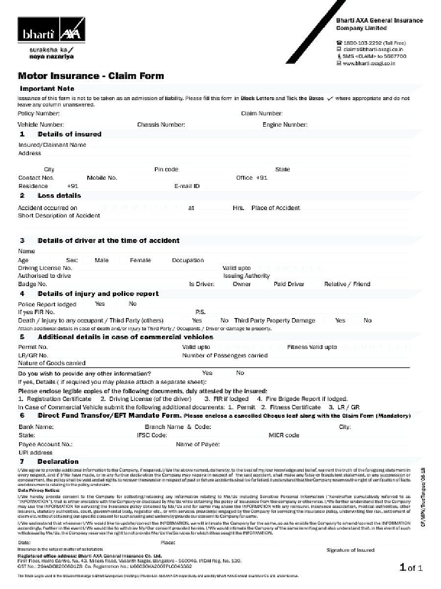 PDF Bharti AXA Motor Insurance Claim Form PDF Download In English