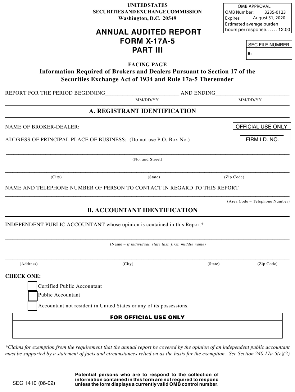 SEC Form 1410 X 17A 5 Part III Download Fillable PDF Or Fill Online