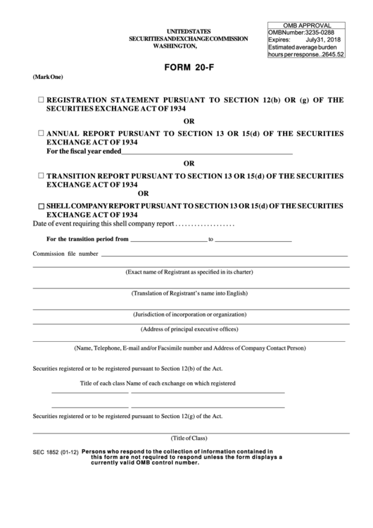 Sec Form 20 F Registration Statement annual Report transition Report