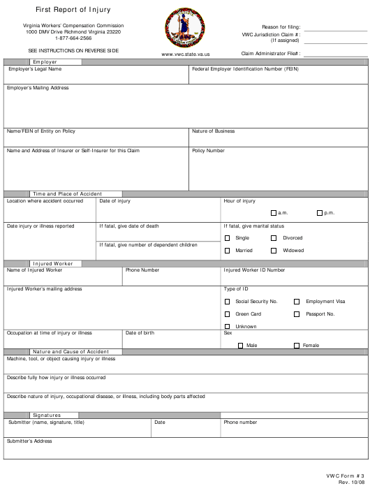 VWC Form 3 Download Fillable PDF Or Fill Online First Report Of Injury