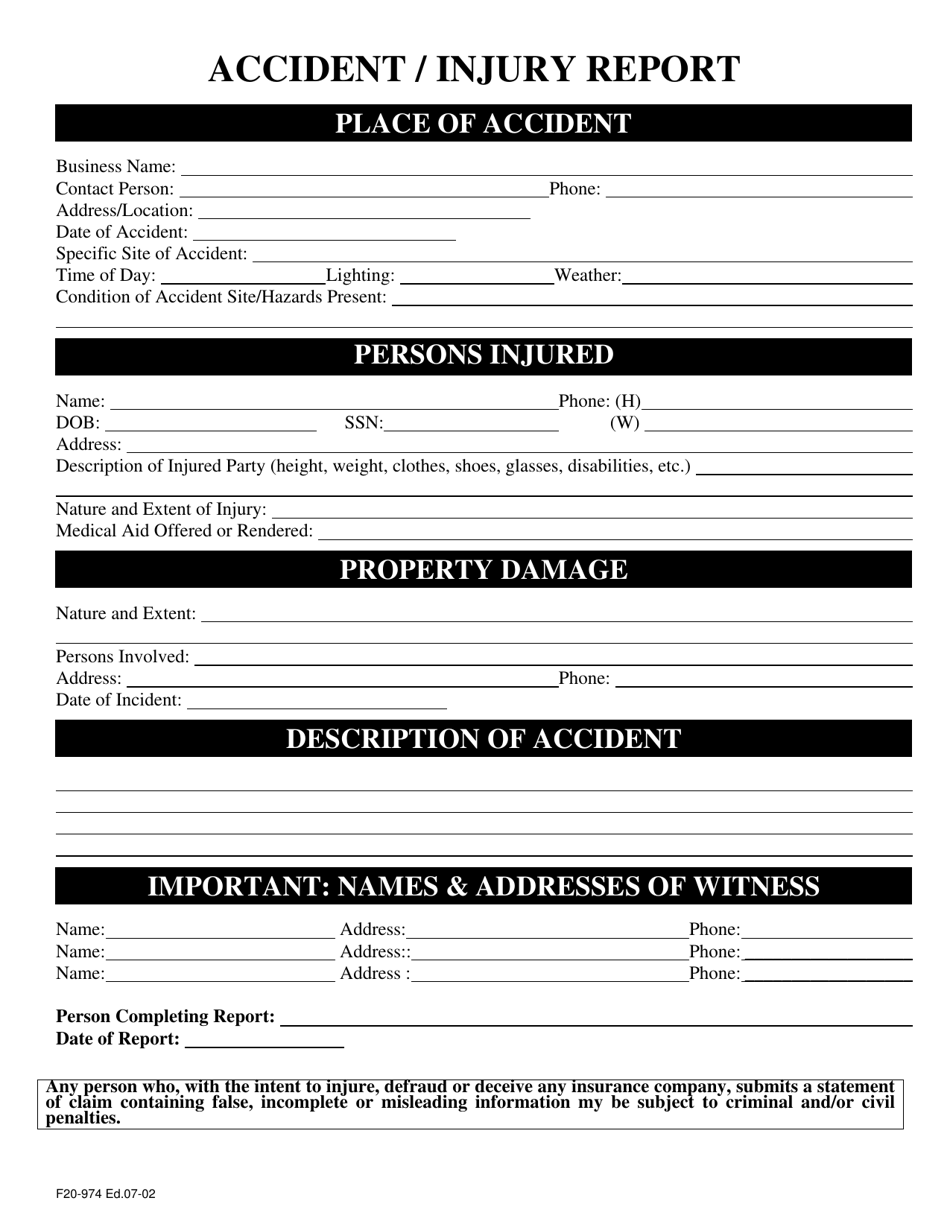 Accident Injury Report Form Black And White Download Printable PDF