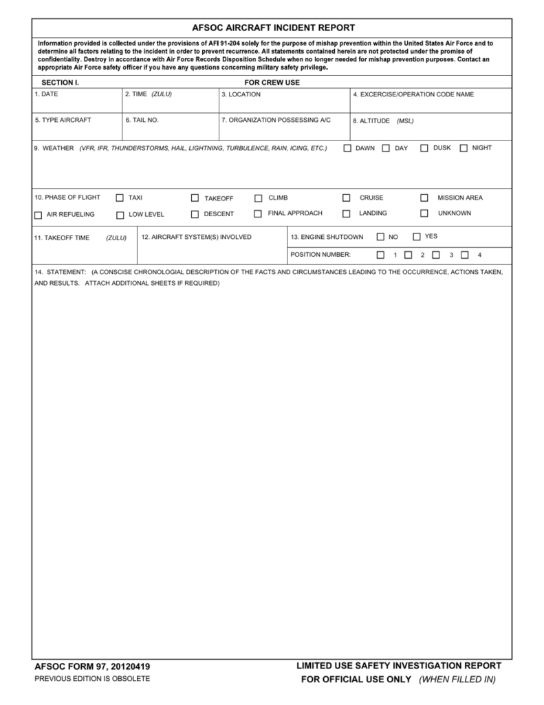 AFSOC Form 97 Download Fillable PDF Or Fill Online Afsoc Aircraft 
