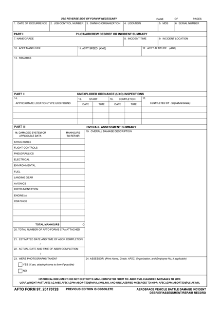 AFTO Form 97 Download Fillable PDF Or Fill Online Aerospace Vehicle 