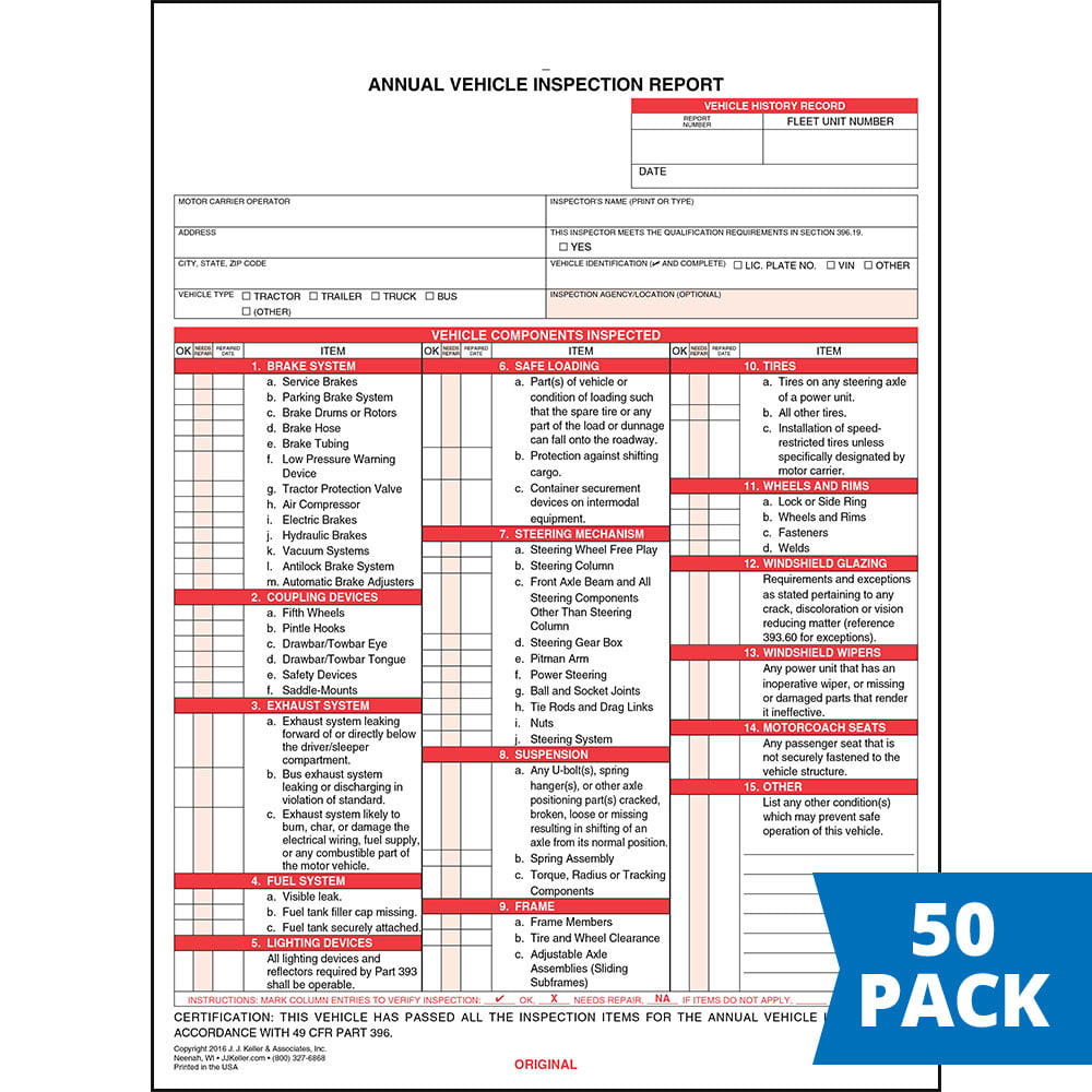 Annual Vehicle Inspection Report Form 50 pk Snap Out Format 3 Ply 