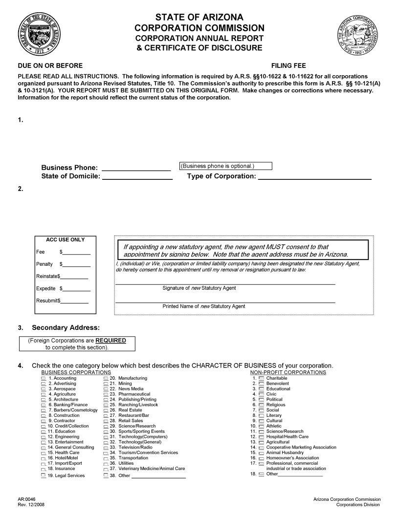 Arizona Annual Report Fill Out Printable PDF Forms Online