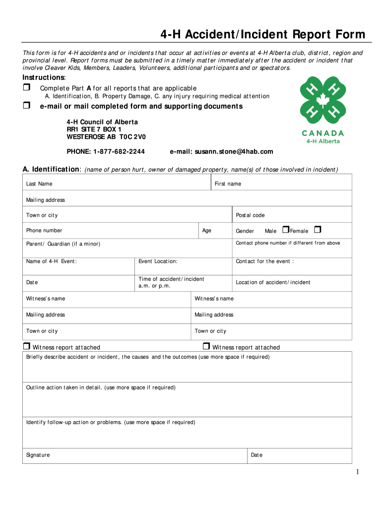 Canada 4 H Council Of Alberta 4 H Accident Incident Report Form Fill