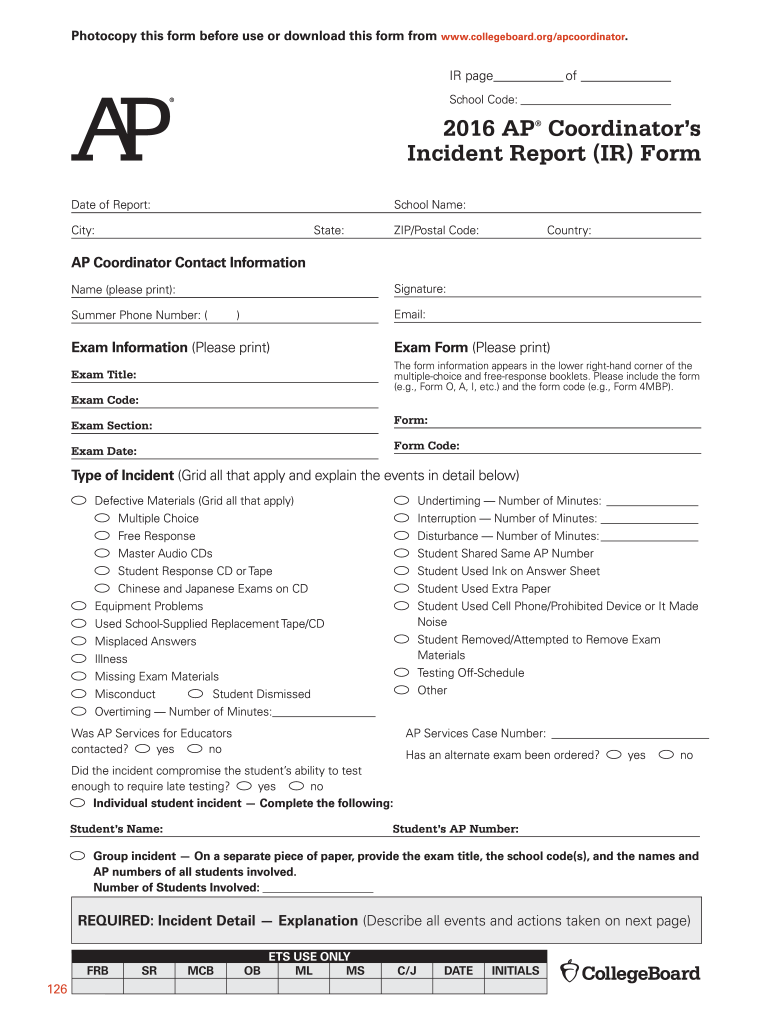 CollegeBoard AP Coordinator s Incident Report Form 2016 2021 Fill And