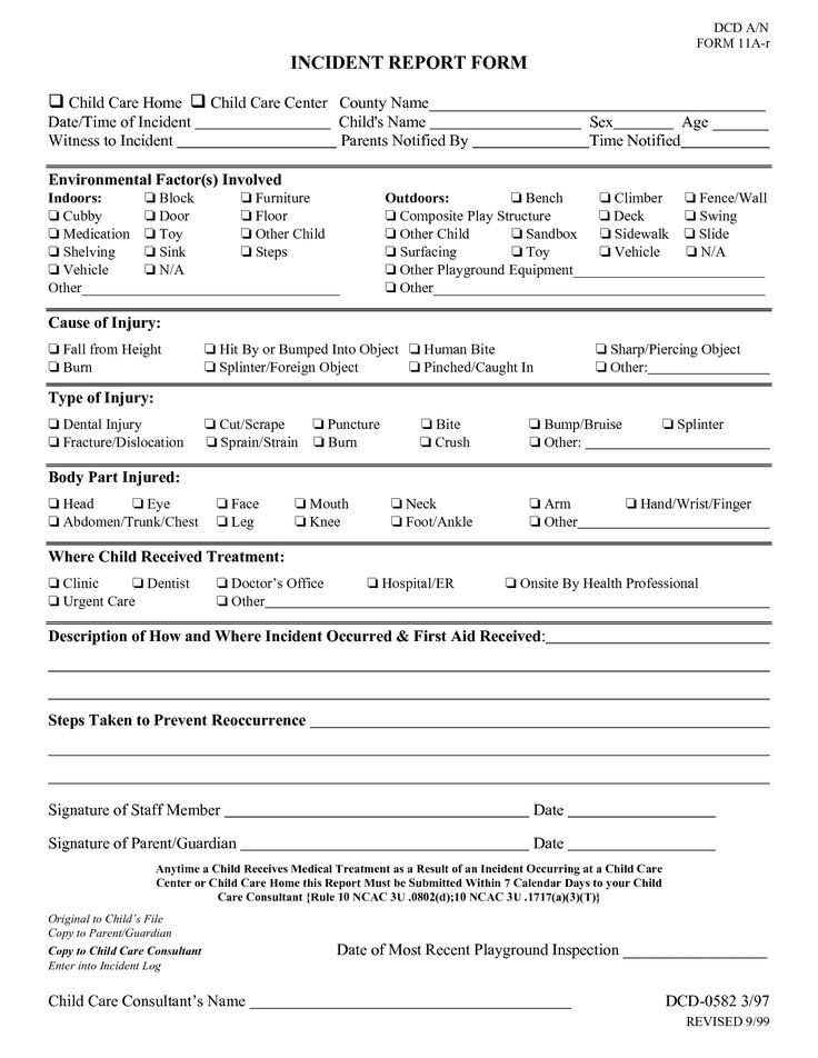 Daycare Accident Report Form INCIDENT REPORT FORM Child Care Home 