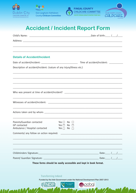 Dublin Ireland Accident Incident Report Form Childcare Committee