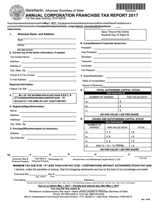 Fillable Annual Corporation Franchise Tax Report Form Ar Secretary Of 