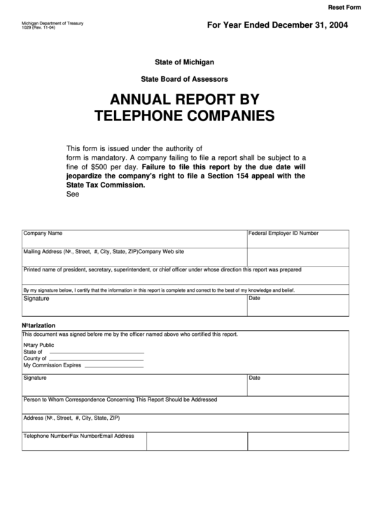Fillable Annual Report By Telephone Companies Form Michigan 