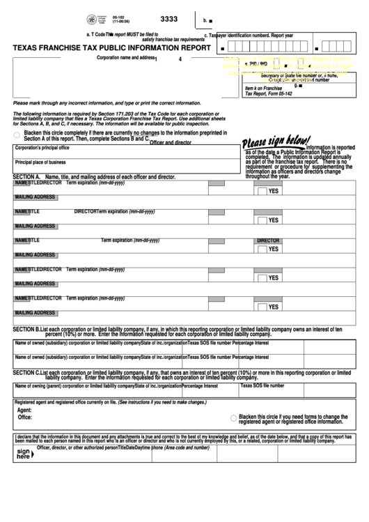 Fillable Form 05 102 Texas Franchise Tax Public Information Report