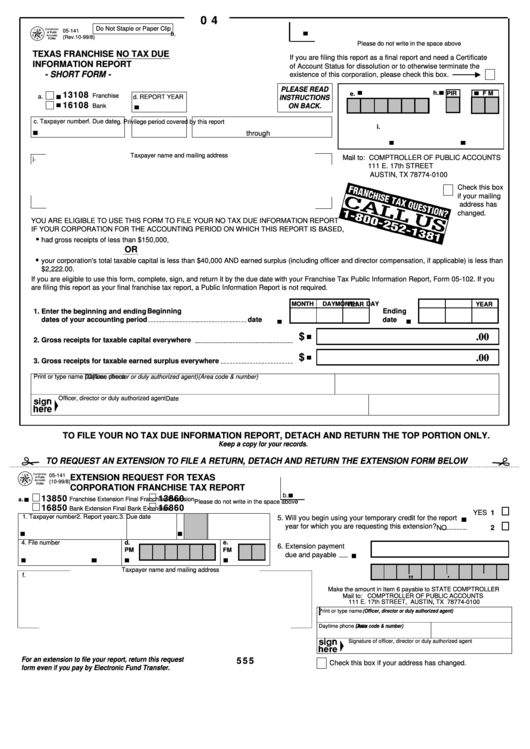 Fillable Form 05 141 Texas Franchise No Tax Due Information Report 