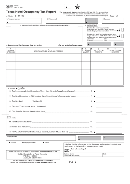 Fillable Form 12 100 Texas Hotel Occupancy Tax Report Printable Pdf