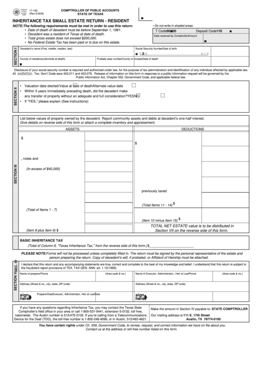 Fillable Form 17 100 Inheritance Tax Small Estate Return Resident 