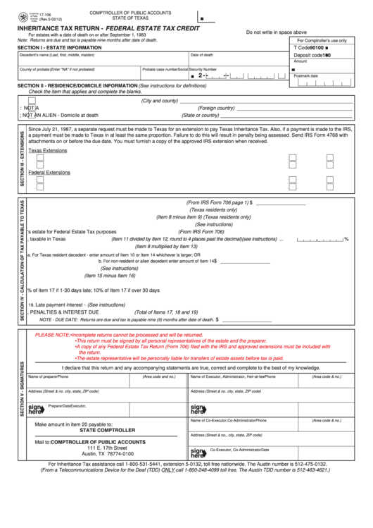 Fillable Form 17 106 Inheritance Tax Return Federal Estate Tax 