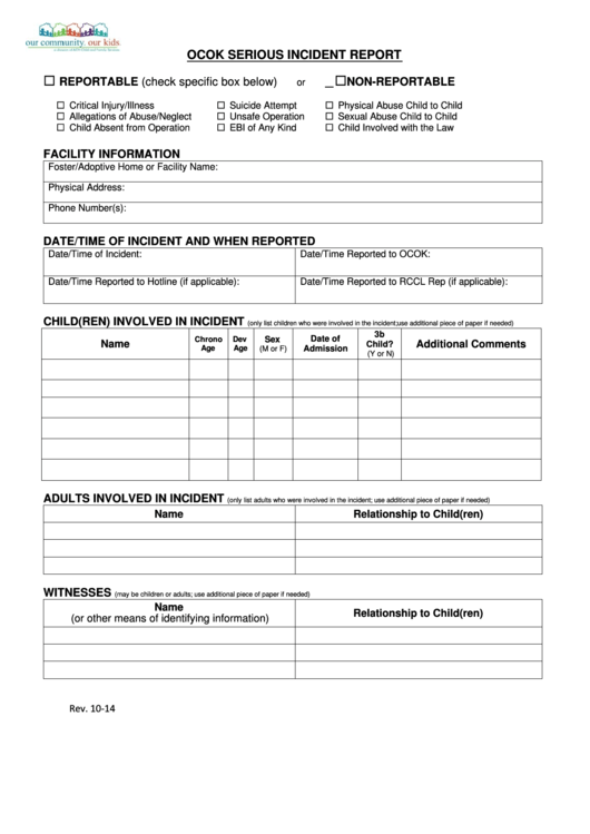 Fillable Ocok Serious Incident Report Form Printable Pdf Download