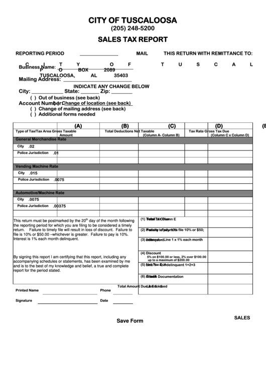 Fillable Sales Tax Report Form City Of Tuscaloosa Printable Pdf Download