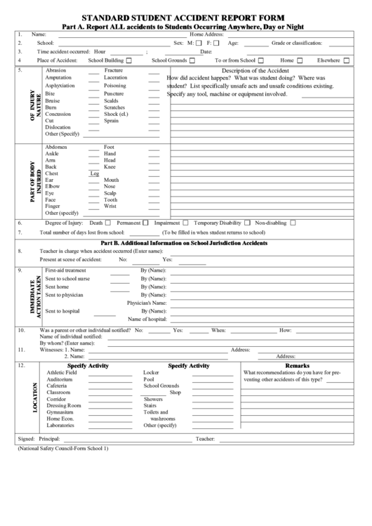 Fillable Student Accident Report Form Printable Pdf Download 