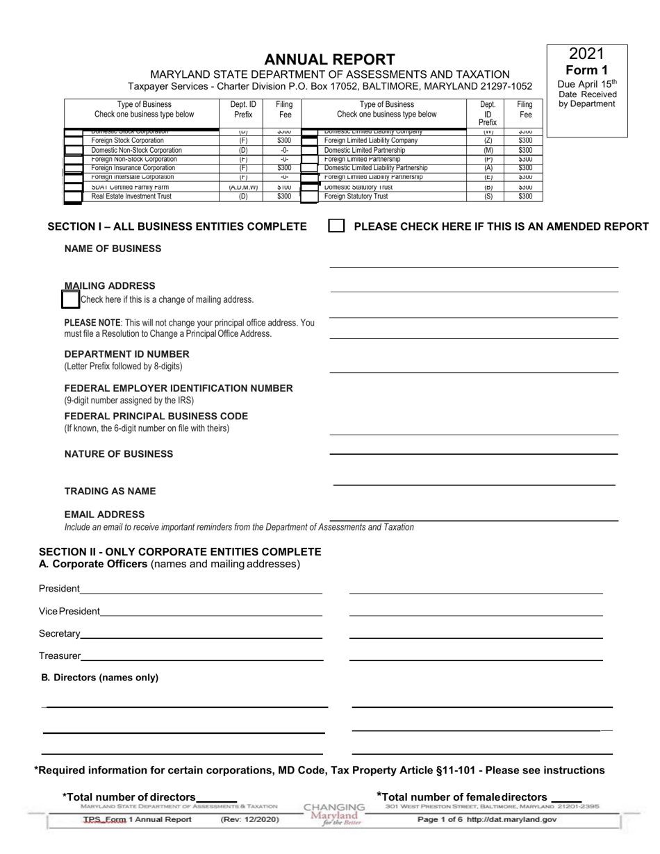 Form 1 Download Fillable PDF Or Fill Online Annual Report 2021