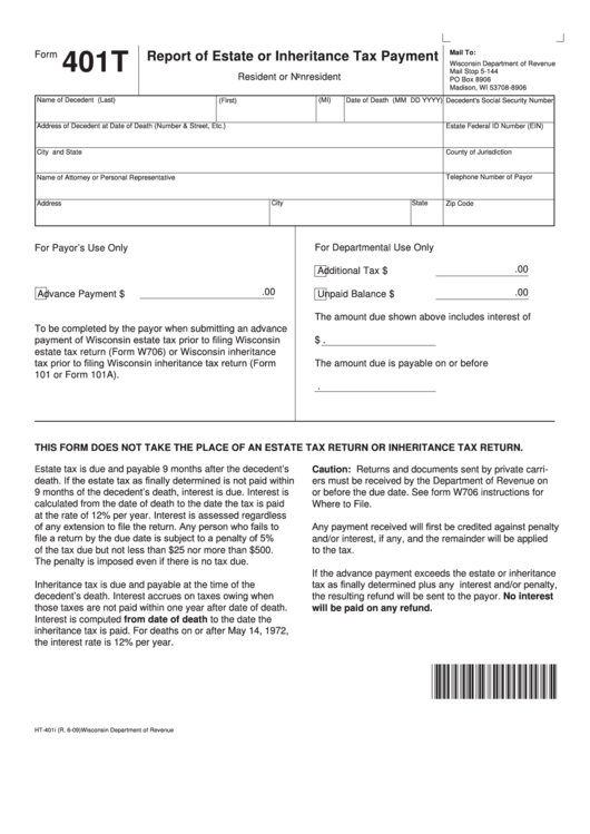Form 401t Report Of Estate Or Inheritance Tax Payment Resident Or