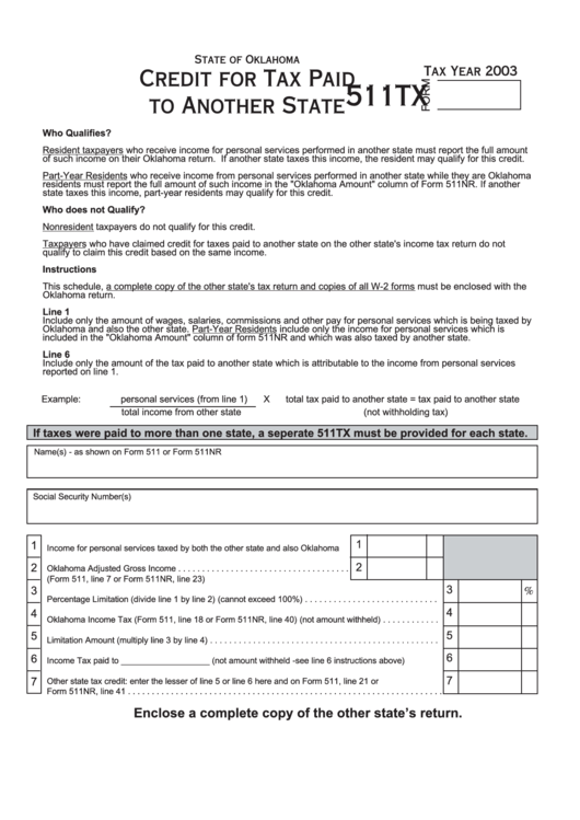 Form 511tx Credit For Tax Paid To Another State 2003 Printable Pdf 