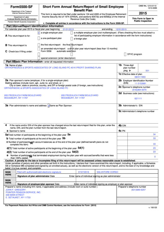 Form 5500 Sf Short Form Annual Return report Of Small Employee