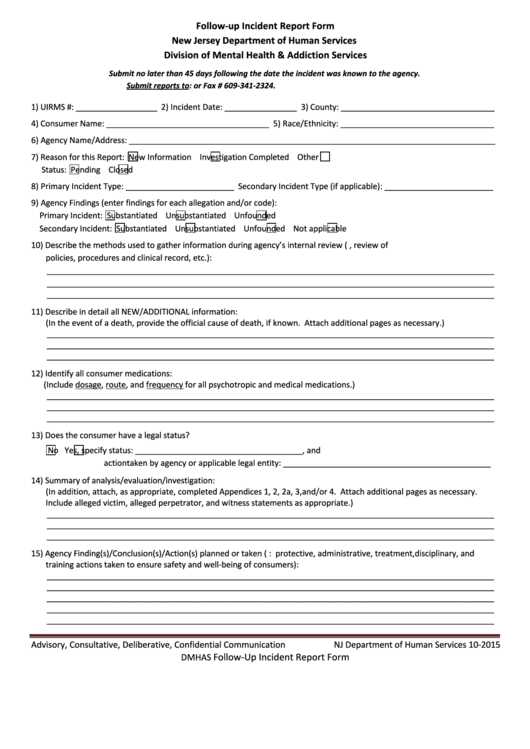 Form Dmhas Follow Up Incident Report Form October 2015 Printable Pdf