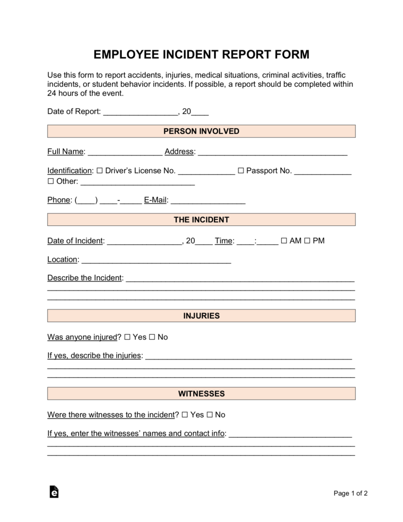 Free Employee Incident Report Template PDF Word EForms