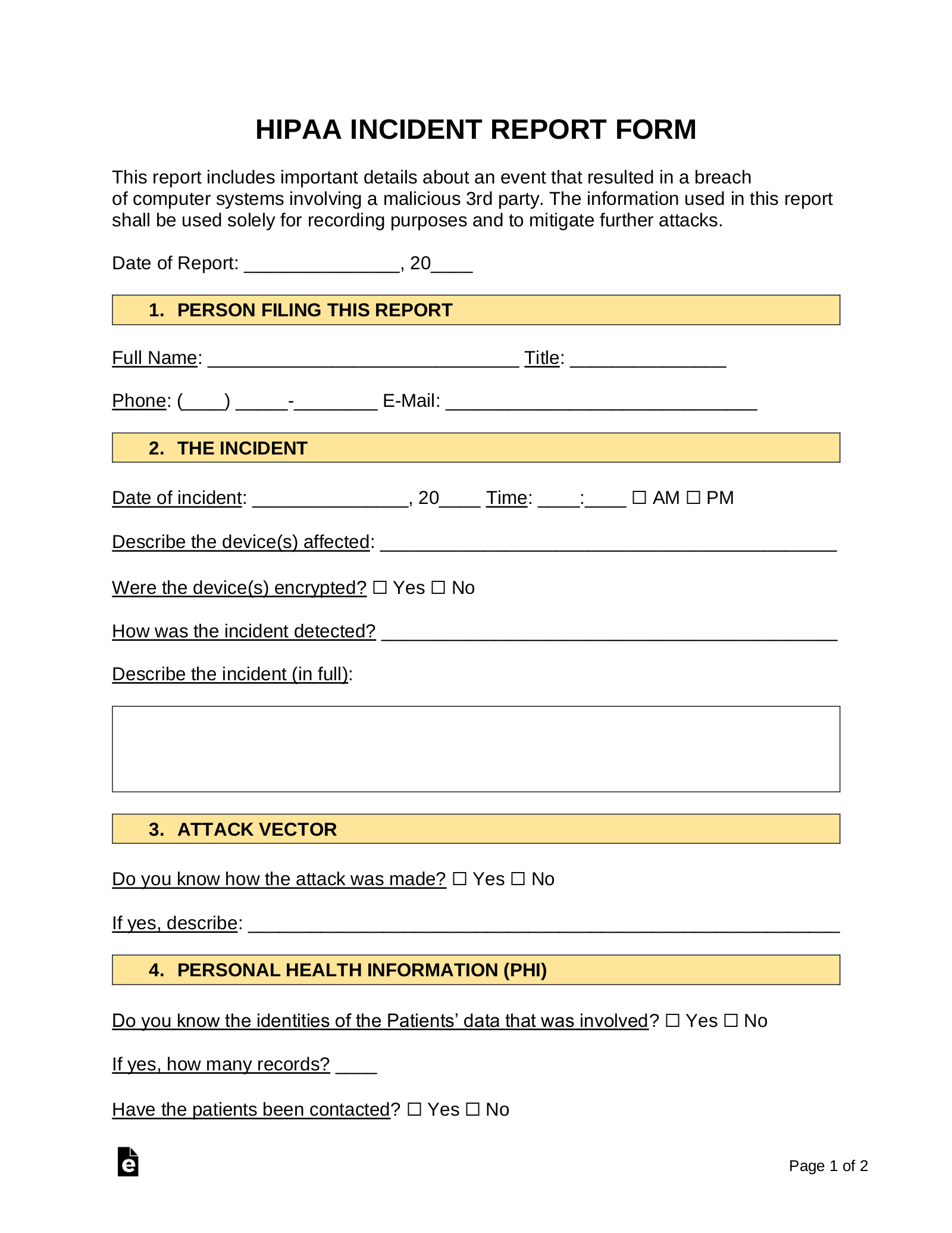 Free HIPAA Incident Report Form Sample PDF Word EForms