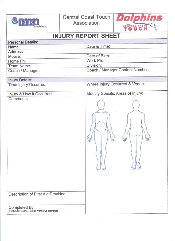 Injury Report Form Central Coast Touch Association SportsTG