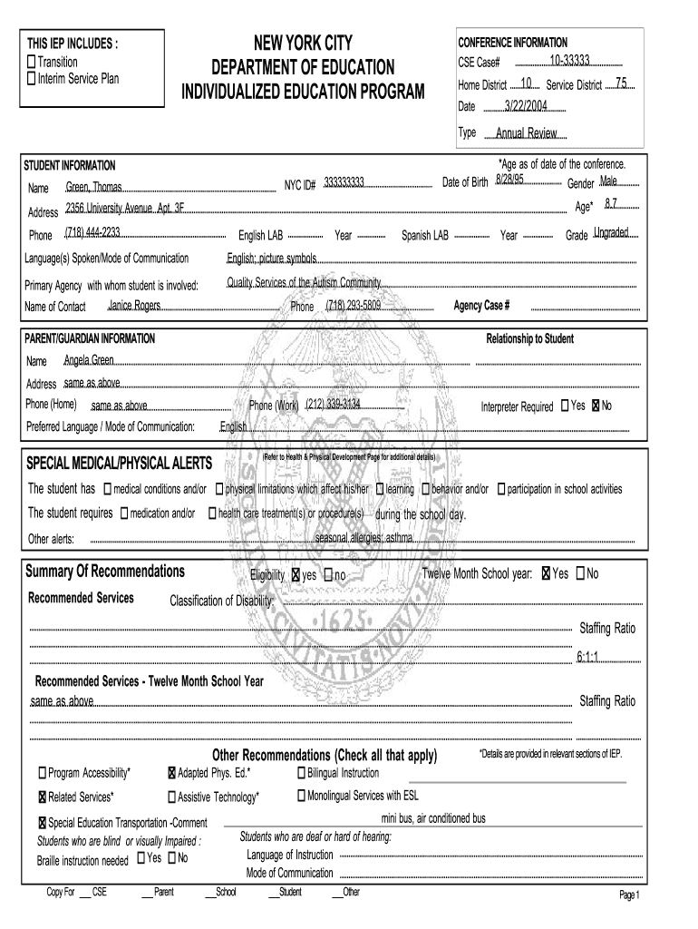Nyc Doe Iep Template Fill Online Printable Fillable Blank PdfFiller