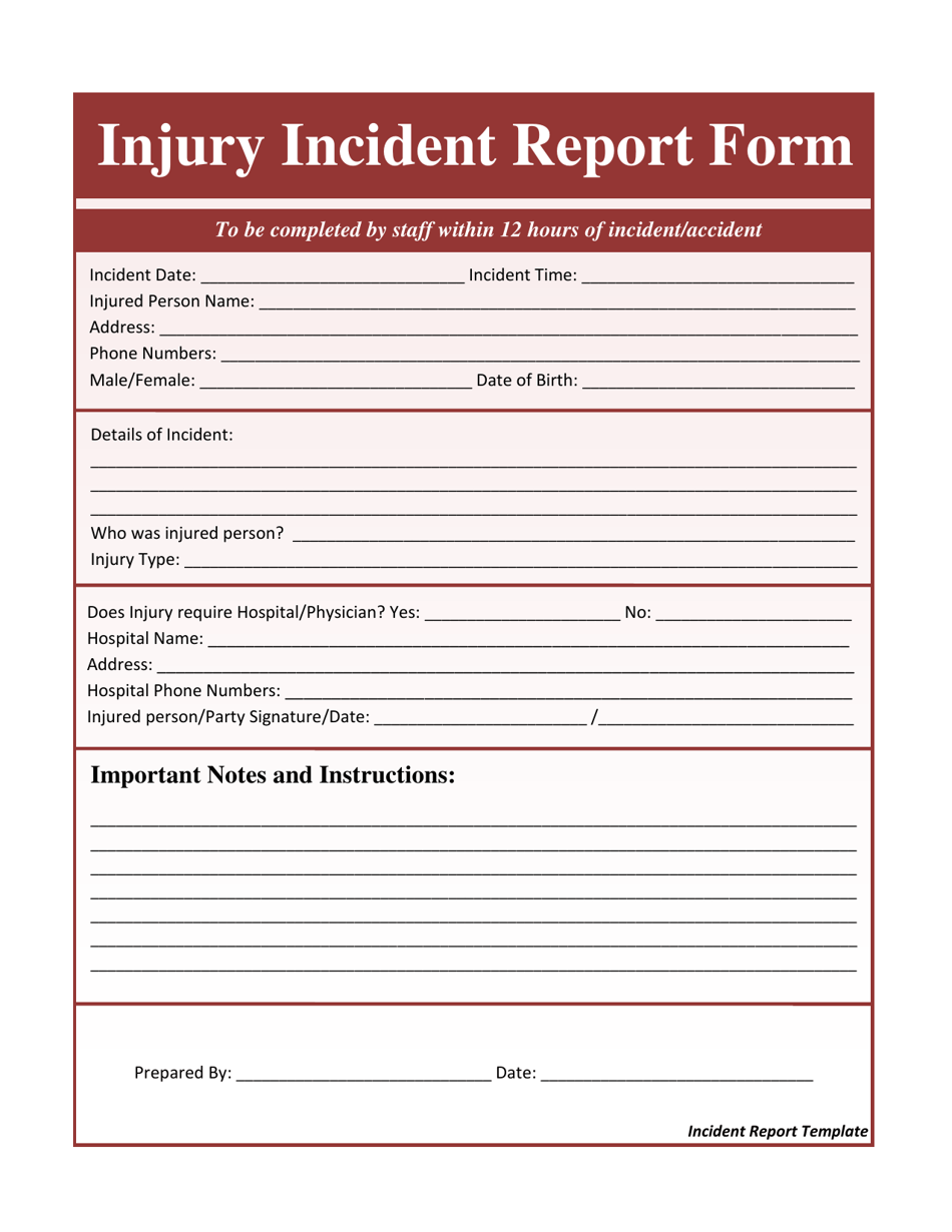 Printable Injury Report Form Printable Word Searches