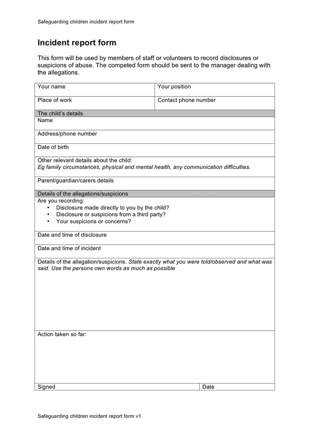 Safeguarding Children Incident Report Form In Word And Pdf Formats